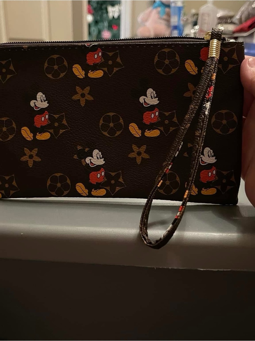 Brown Monogram Mickey Wristlet Pouch with Gold Accents